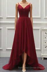 A Line High Low Tulle Semi Formal Prom Dress with Train, Burgundy V Neck Backless Semi Formal Prom Dress